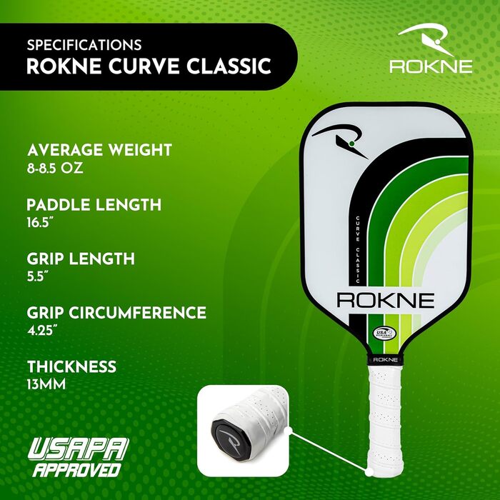 Професійна ракетка для піклболу ROKNE Curve Classic з фіброволокна, USAPA сертифікована, ProGrit текстура для максимального спіну і потужності, з чохлом (лаймова)