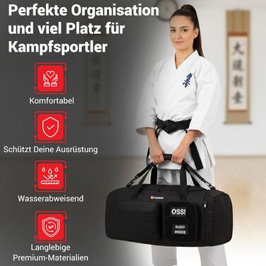 Спортивна сумка для бойових мистецтв 50L чорна для дзюдо, джиу-джитсу, карате з окремими відділеннями та відділенням для взуття