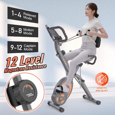 Велотренажер Leike Fitness складаний, домашній, багатофункціональний, з 12 рівнями навантаження, пульсометром, гумовими еспандерами, сірий