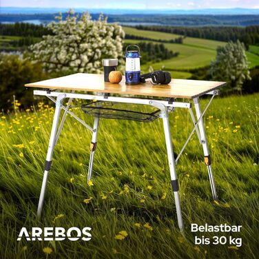 Стіл для кемпінгу Arebos, складний, регульована висота 47-69 см, 90x51.5 см, з сумкою, для відпочинку на природі, грилю, пікніка