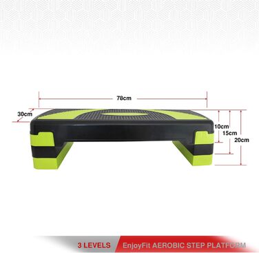 Аеробічний степ-платформа EnjoyFit XL преміум, 3-рівнева висота, 78x30x10/15/20 см, зелено-чорна