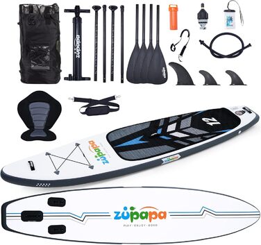 Надувний SUP Борд Zupapa 320/366см | Stand Up Paddle Board з сидінням для каяка | Комплект аксесуарів чорно-біло-сірий