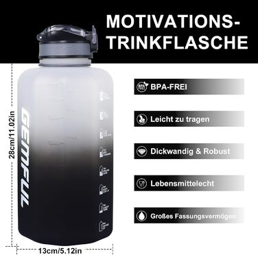 Фляга для води GEMFUL 2.2 л зі трубочкою, велика спортивна пляшка з маркуванням часу, BPA-free, для фітнесу, велоспорту, активного відпочинку та роботи (Білий/Чорний)