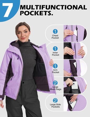 Жіноча лижна куртка GEMYSE: водонепроникна, вітронепроникна, тепла з капюшоном (Eislila/Morgengrau-Lila)