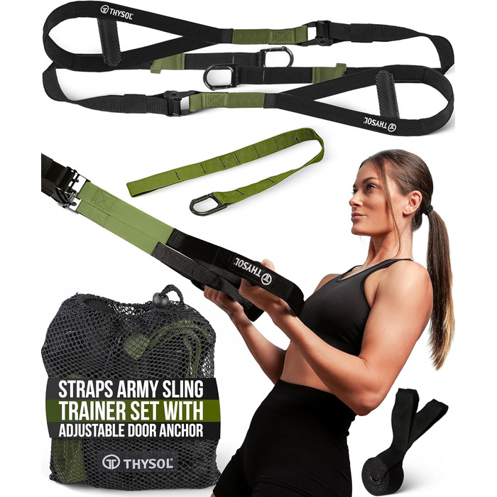 Еластичні стрічки THYSOL Pro Xtreme для фітнесу | Набір для тренувань з регульованим кріпленням для дверей | Для дому, подорожей, використання в приміщенні та на вулиці (Милитарний зелений)