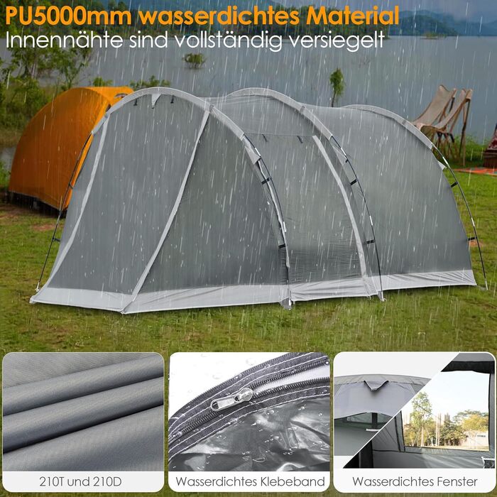 Намет для кемпінгу на 4 особи: водонепроникний тунельний намет для сім'ї та групи, з шатром для сну, сірий