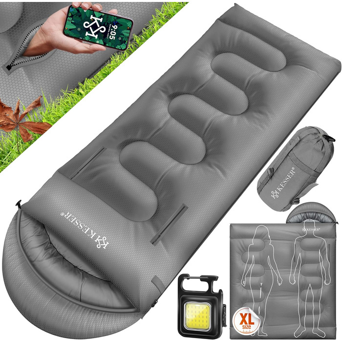 Сплячий мішок KESSER® Outdoor | Декальний спальний мішок 3-4 сезони | Для дорослих та дітей | Легкий, теплий, водостійкий | З лампою та кишенею (Сірий, 220 x 83 см)
