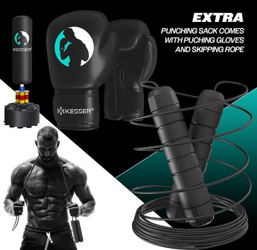 Набір для боксу KESSER® з боксерськими рукавичками, скакалкою, боксерським мішком та підлогою для тренувань. Чорний.