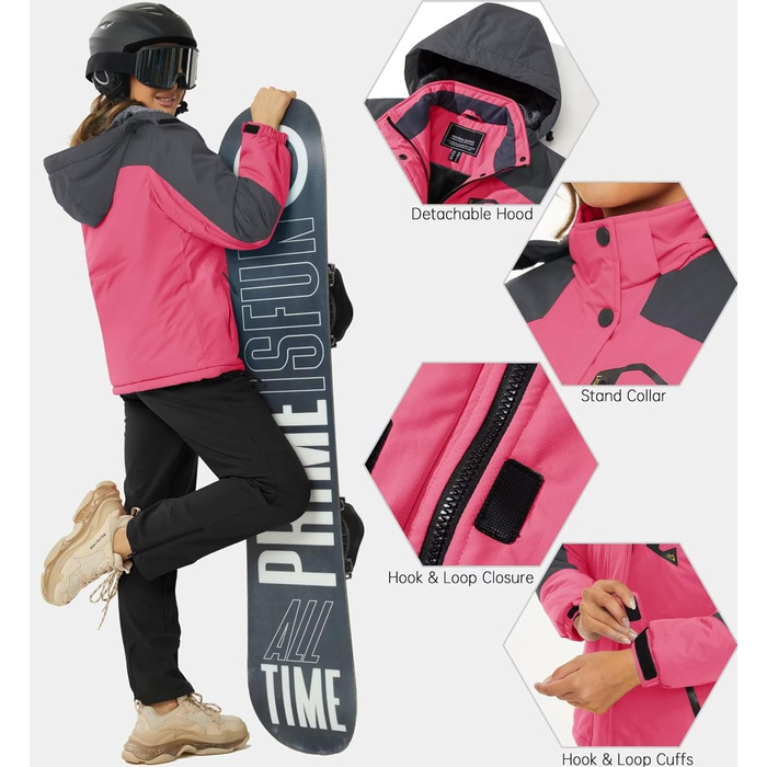 Зимова куртка KEFITEVD Daen з підкладкою з флісу, тепла перехідна куртка-скі-куртка з капюшоном та кишенями на блискавці, вітронепроникна, для сноуборду (S, Рожево-червоний)