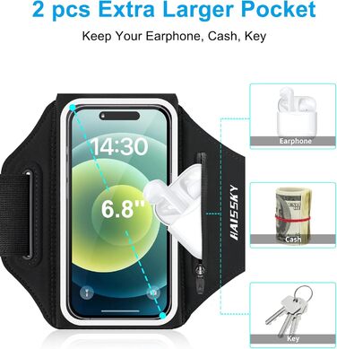 Чохол для телефону на руку для бігу з кишенею для навушників, на руку, для iPhone 17 16 15 14 13 12 11 Pro Max Galaxy S24 S23 Ultra, чорний