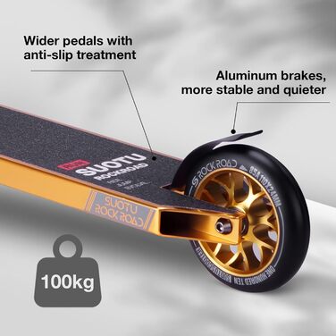 SUOTU Професійний стент-скутер, 360° кермування, роликовий скейт з колесами 110 мм 85A PU, для дітей, підлітків та дорослих, вантажопідйомність 100 кг, алюміній, чорний – золотий