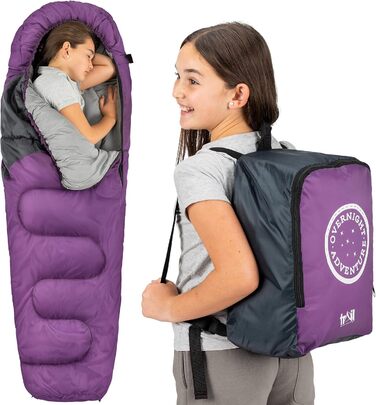 Дитячий спальний мішок Trail Mumienschlafsack 3 сезони для кемпінгу – 300gsm – для хлопчиків та дівчаток – з легким рюкзаком (фіолетовий)