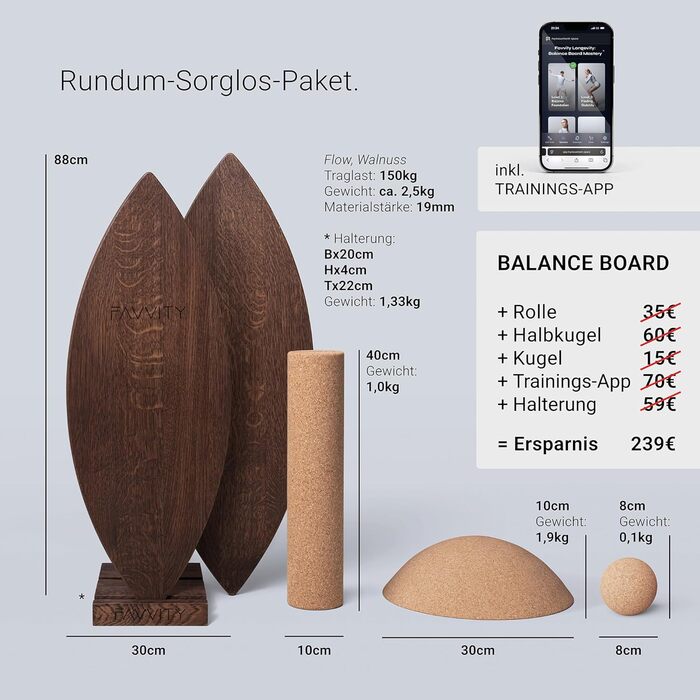 Балансборд з дуба, ручної роботи, FAVVITY® | Балансборд для дорослих та дітей, сертифікований FSC, з додатком для тренувань