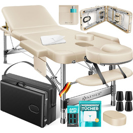 Масажне ліжко KESSER® з 3 зонами, до 250 кг, складне, регульоване, з аксесуарами (підголовник, підлокітники, сумка), антиковзне покриття, бежеве