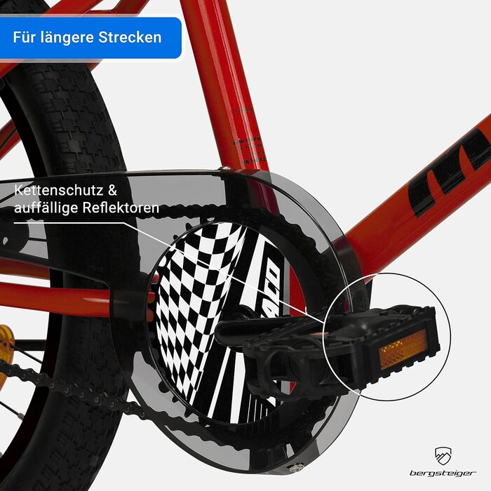 Дитячий велосипед BMX Bergsteiger Monaco 20 дюймів, фрістайл, для дітей 6-9 років, 4 сталеві пеги, захист ланцюга, вільний хід, червоний