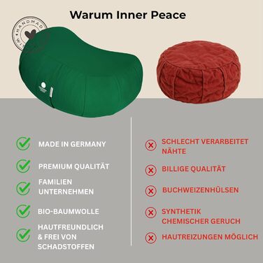 Зігзафкуш для медитації Inner Peace | Йога-подушка з екологічної дінкової наповнювачем | Подушка для медитації у формі півмісяця | Зроблено в Німеччині | Зручний знімний чохол з 100% органічної бавовни (лісово-зелений)