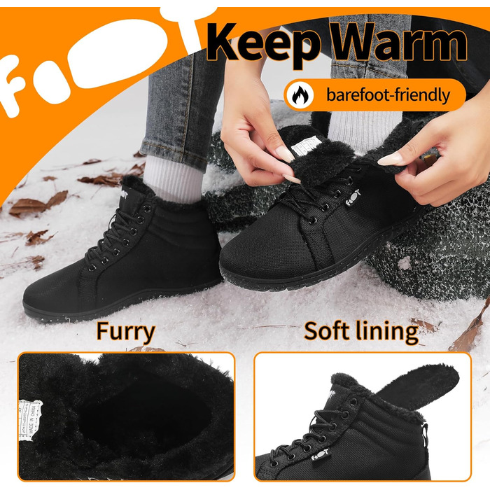 Водонепроникні черевики-сліпони для ходьби Barfuß: жіночі та чоловічі, широкі, для осені/зими, з підкладкою, Zero Drop, підошва Solhe, фітнес, чорні (45 EU)