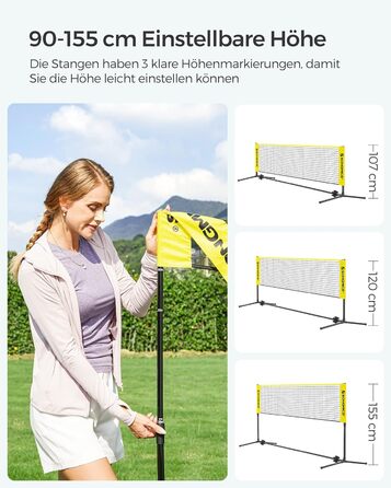 SONGMICS М'ячна сітка для бадмінтону та волейболу, регульована висота, портативний набір (300/400/500 см, жовта)