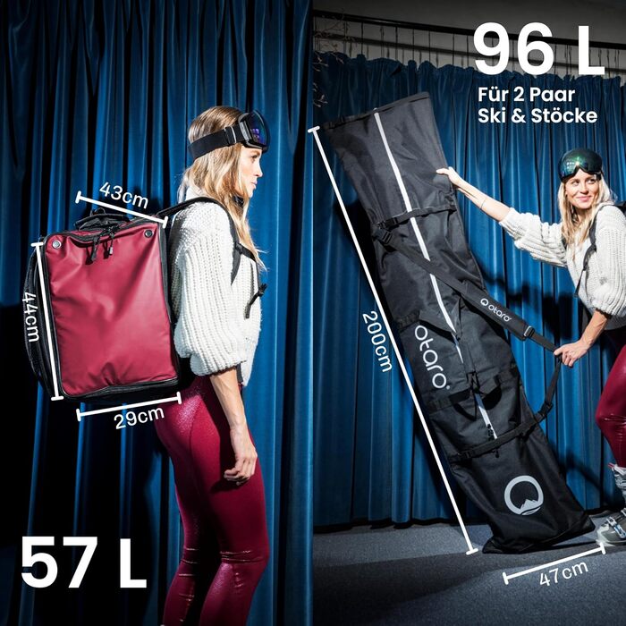 Чохол для лижних черевиків Otaro з відділенням для шолома | Сумка для лиж, шолома та аксесуарів | Водонепроникний, міцний | Комплект (57L + XL для 2 пар лиж), Червоний