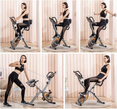 Велотренажер Leike Fitness складаний, домашній, багатофункціональний, з 12 рівнями навантаження, пульсометром, гумовими еспандерами, сірий