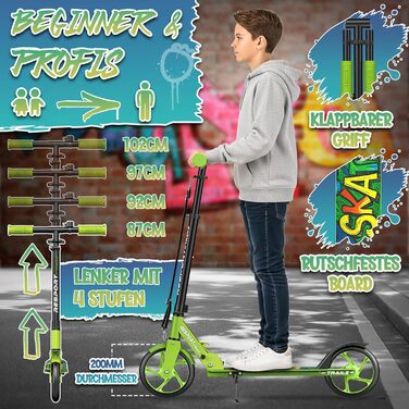 Дитячий та дорослий трюковий самокат Cityroller з дзвіночком та ременем | Регульована висота, складний, до 100 кг | Великі колеса, Kickscooter, Kickroller (Зелений)