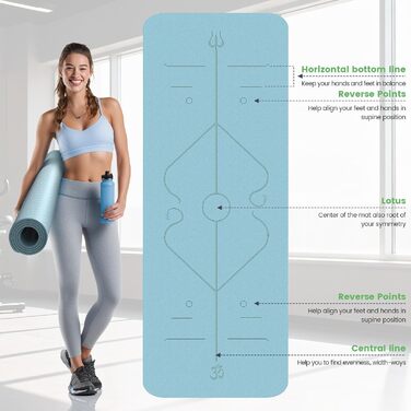 Йога мат Soontrans: протиковзаюча, 8 мм, TPE, з гумками та подушкою для колін, 183x68 см (Блакитний)