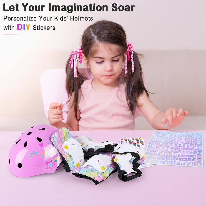 Дитячий шолом Unicorn Castle 7-в-1 з наколінниками, налокітниками та захистом зап'ястків для скейтборду, роликів, велосипеда (рожевий), 3-8 років