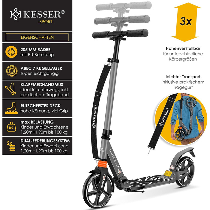 Самокат KESSER Cityroller Pro-S з великими колесами 205 мм, PU, з подвійною амортизацією, складаний та регульований по висоті, для дорослих і дітей