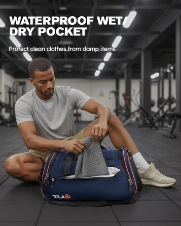 Спортивна сумка Tolaccea 47L з відділенням для взуття та мокрого одягу - рюкзак-дуffel для фітнесу, тренувань, басейну, подорожей (Темно-синій)