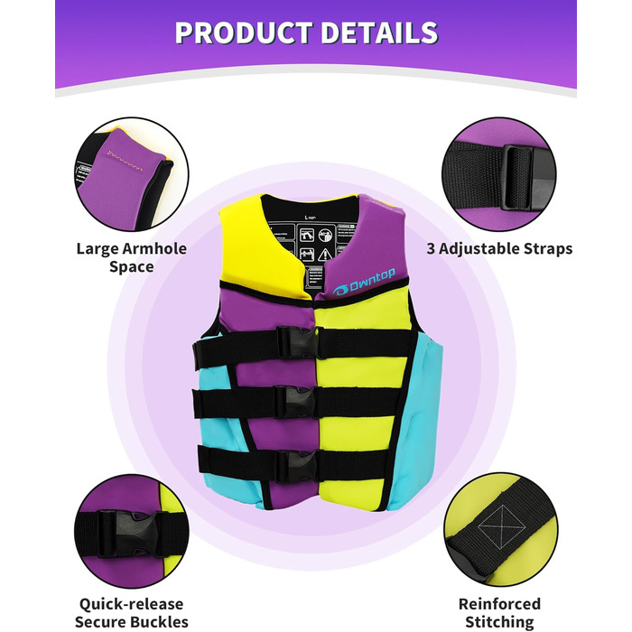 Owntop Жилет рятувальний дитячий та підлітковий, фіолетовий, M. Регульований, з триразовою системою безпеки. Підходить для каякінгу, плавання, риболовлі та снорклінгу.