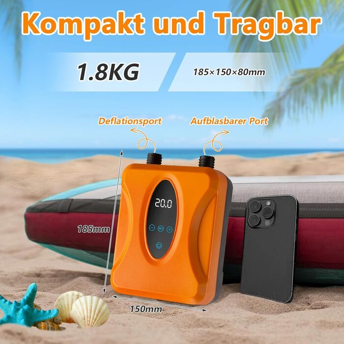 Електричний насос для SUP-дошки 20 PSI, акумуляторний інтелектуальний компресор з двома режимами (накачування та випуск повітря) для падлборду, кайта, надувних матраців та кемпінгових наметів
