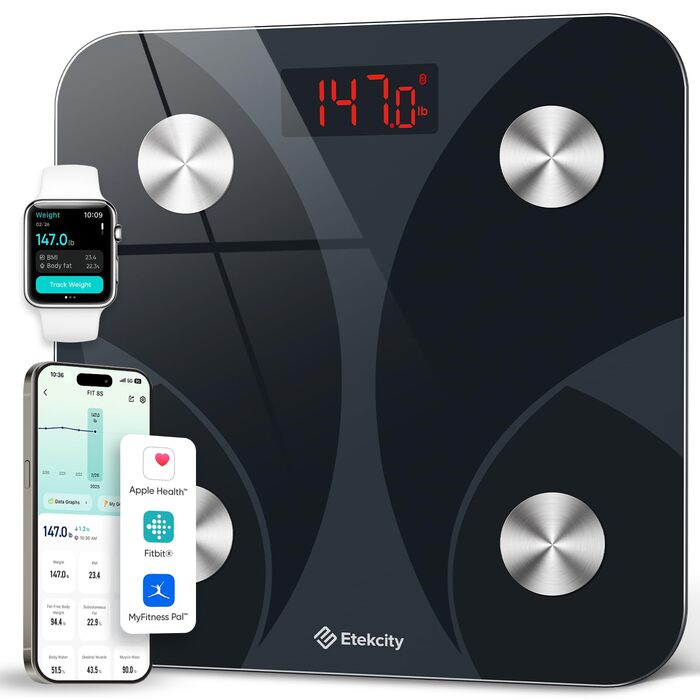 Ваги Etekcity FIT8S для тіла з Bluetooth та додатком: Цифрові ваги для вимірювання ваги, BMI, жиру, м'язів (180 кг, точність 0.05 кг, чорні)