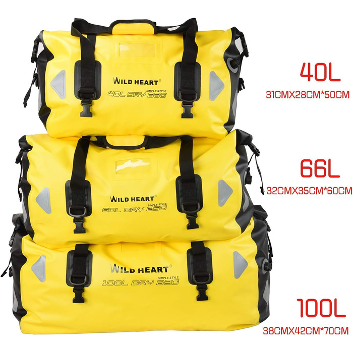 Водонепроникна сумка для подорожей Wild Heart PVC500D 40L, 66L, 100L з регульованим плечовим ременем та внутрішньою кишенею, жовта