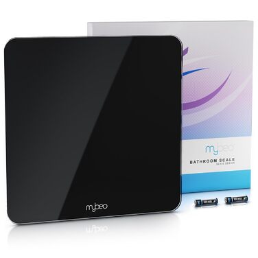 Електронні ваги MyBeo - ваги для тіла зі скла, 5-180 кг, великий LCD дисплей, kg/lb, датчики DMS, скло 6 мм, автоматичне вмикання, чорний колір
