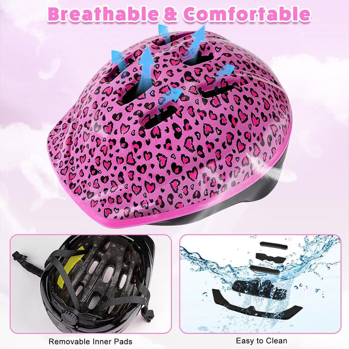 Дитячий шолом та набір захисту: шолом з LED, наколінники та налокітники для велосипеда та скейтборда (рожевий, 3-8 років)