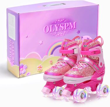 Ролики для дівчаток, 4 розміри, світловідбиваючі, ролики з підсвічуванням, для початківців, подарунок на Новий рік та день народження, S (EU28-31), рожеві