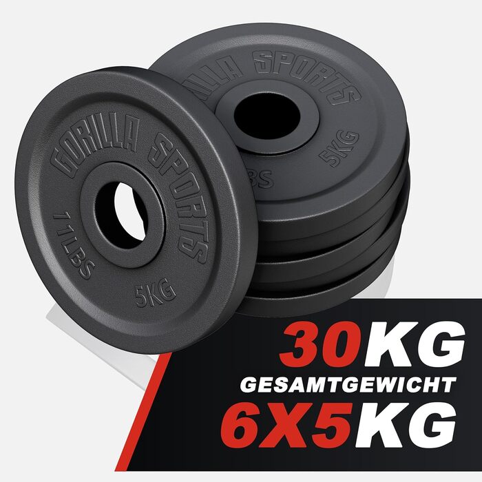 Олімпійські диски для штанги GORILLA SPORTS, чавунні, 1,25–30 кг, 50 мм, комплект або окремо