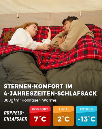 Спальний мішок KingCamp на 2 особи з фланелі, зимовий, для кемпінгу та відпочинку на природі, 3-4 сезони, з 2 подушками, підходить для дітей та дорослих (зелений)