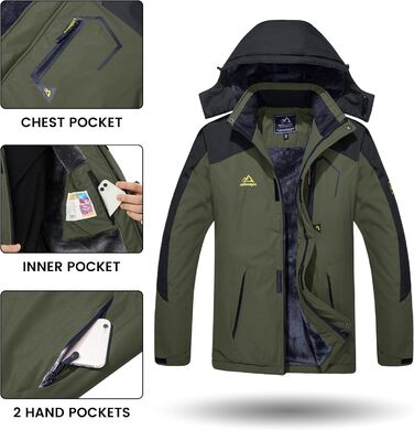 TACVASEN чоловіча зимова водонепроникна вітрозахисна куртка з флісовою підкладкою, для катання на лижах, дощовик з капюшоном, армійсько-зелений, XL