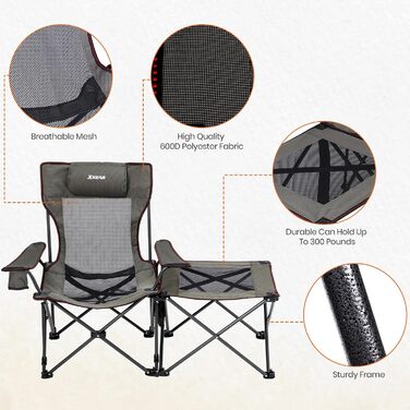 XGEAR 2-в-1 Кемпінговий стул: розкладний, для риболовлі, легкий, з підніжкою та підлокітником, 136 кг, Oxford-тканина