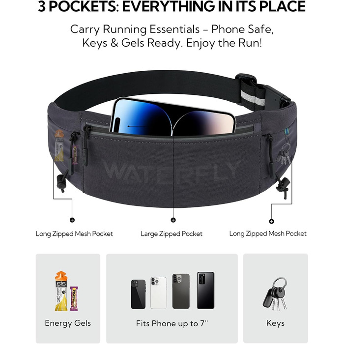 Поясна сумка для бігу WATERFLY: тримач для телефону, поясна сумка для джогінгу (чоловіча/жіноча), три відділення, для марафону та тріатлону, темно-сіра