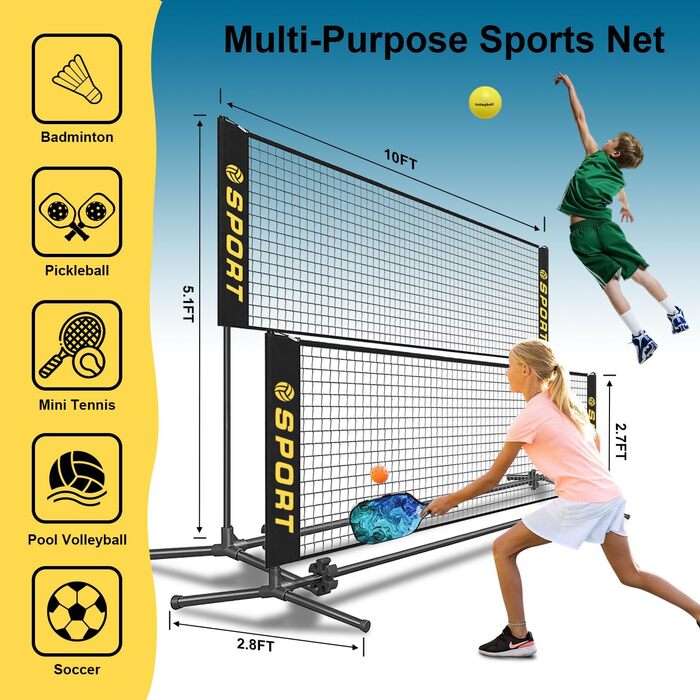 Мобільна міні-сітка для волейболу з комплектом: м'яч, насос, сумка. Регульована висота 1.5-7.9м для тенісу, бадмінтону, футболу, піклболу