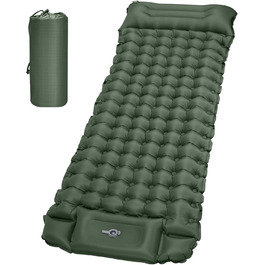 Каремат самонадувний туристичний Tuocal Isomatte, 9 см, Ultralight, з подушкою та насосом, Anti-Ripstop, для кемпінгу, подорожей, намету (Армійний зелений)