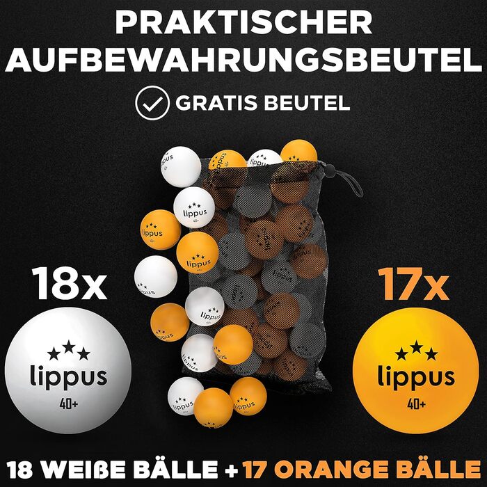 Набір тенісних м'ячів для настільного тенісу 3 зірки (35 шт.) - 18 білих та 17 помаранчевих м'ячів + сумка для зберігання. Відповідає стандартам змагань.