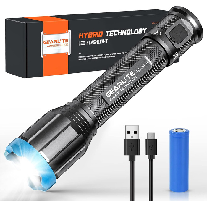 Ліхтар LED Gearlite перезарядна, 10000 люмен, 5 режимів, IP65 водонепроникний, з функцією зуму, для кемпінгу, туризму, надзвичайних ситуацій, 2000mAh+3AA (батарейки не входять в комплект)