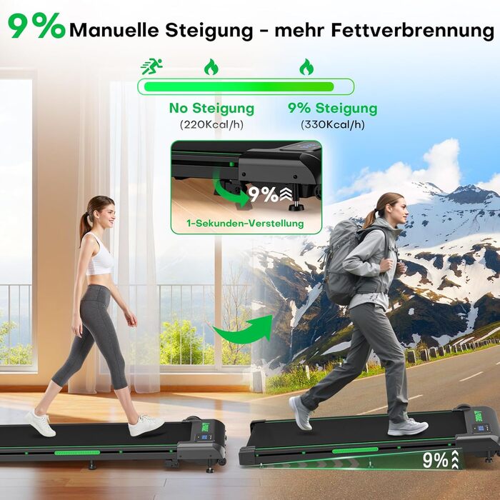 Walking Pad - біговий доріжки для дому з регулюванням нахилу до 9%, потужність 2.5HP, LED-дисплей, пульт дистанційного керування, 12 програм, подвійне амортизація, до 150 кг, чорно-зелений