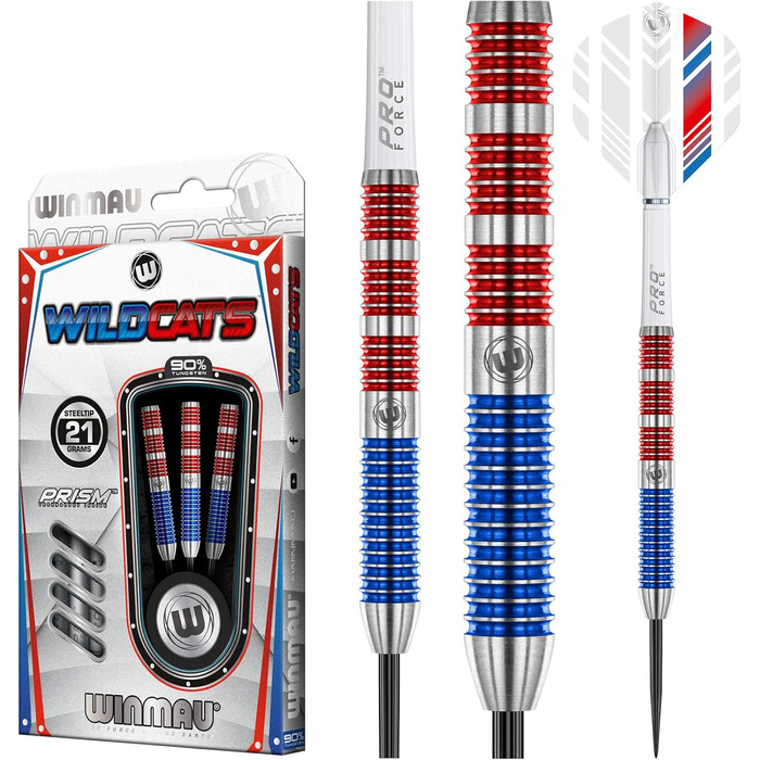 Дротики WINMAU Wildcats 90% вольфраму, 21 г, з крилами та стрижнями, призматична технологія