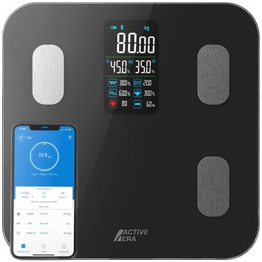 Розумна вага Active Era з Bluetooth, аналізом складу тіла, вимірюванням жиру, ІМТ, м'язової маси, води, білка та кісткової маси, 180 кг, чорна