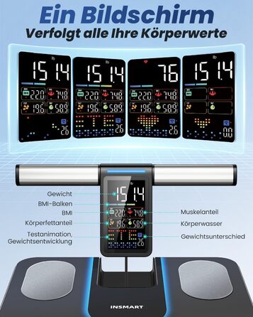 Ваги INSMART для тіла з 8 електродами: аналіз 56 параметрів (BMI, жир, м'язи), VA-дисплей, до 227 кг, чорні