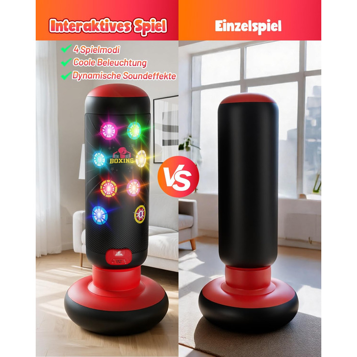 Інтерактивний боксерський мішок для дітей з музикою та світлом, стоячий, надувний, з рукавичками, для хлопчиків 6-12 років, червоний, L